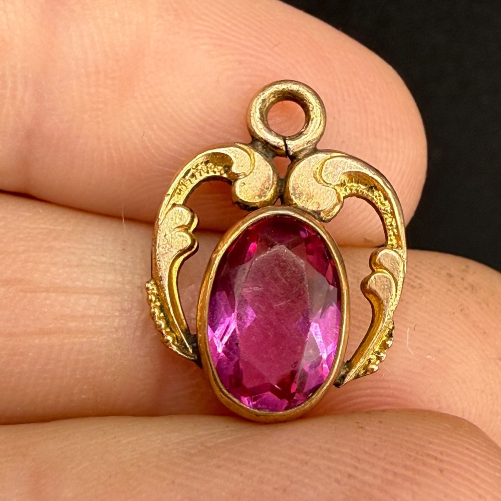 Vintage Estate Pendant Gold Filled Pink Stone Oval Scroll Charm